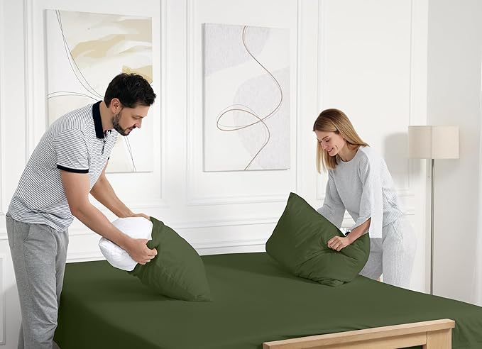 RUVANTI 100% Cotton King Size Sheets Set, 4 Pieces, Soft & Breathable Percale Weave Bedding, Deep Pocket 16", Hotel Standard, Crisp Cool Feel, Durable, Perfect Dyed Bed Sheet, Chive