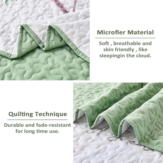 Dinjoy Floral Quilt Set Queen Size,Sage Green Bedspread Botanical 3 Pieces Fall Quilts Microfiber Lightweight Bedspreads White Soft Reversible Bed Cover Sets for All Season(96"x90")
