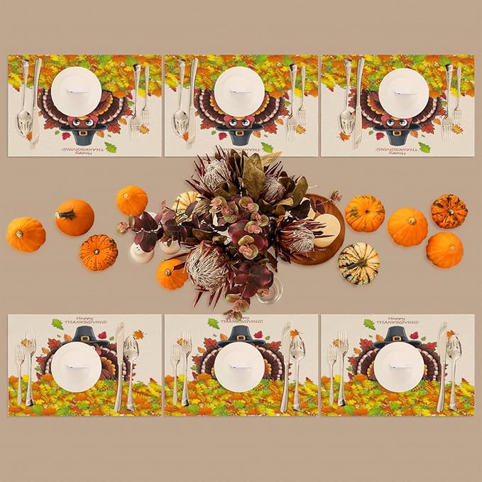Thanksgiving Leaf Turkey Placemats Set of 1 PVC Vinyl Non Slip Table Mats Heat Resistant Place Mats Washable Wipeable Dining Table Mat for Kitchen Decor Party Indoor Outdoor Decorative Gift