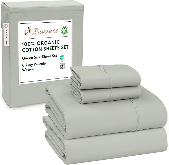 RUVANTI 100% Organic Cotton Sheets Queen Size, Percale Weave, GOTS Certified, 4-Piece Set, Deep Pocket 15", Crisp & Breathable, Soft Durable Bedding, Sábanas Algodón Orgánico – Mineral Gray
