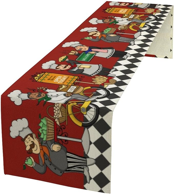 Retro Chef Table Runner,Farmhouse Burlap Table Runners for Party Wedding, Chef Decorations for The Kitchen, Chef Kitchen Decor 13x90in