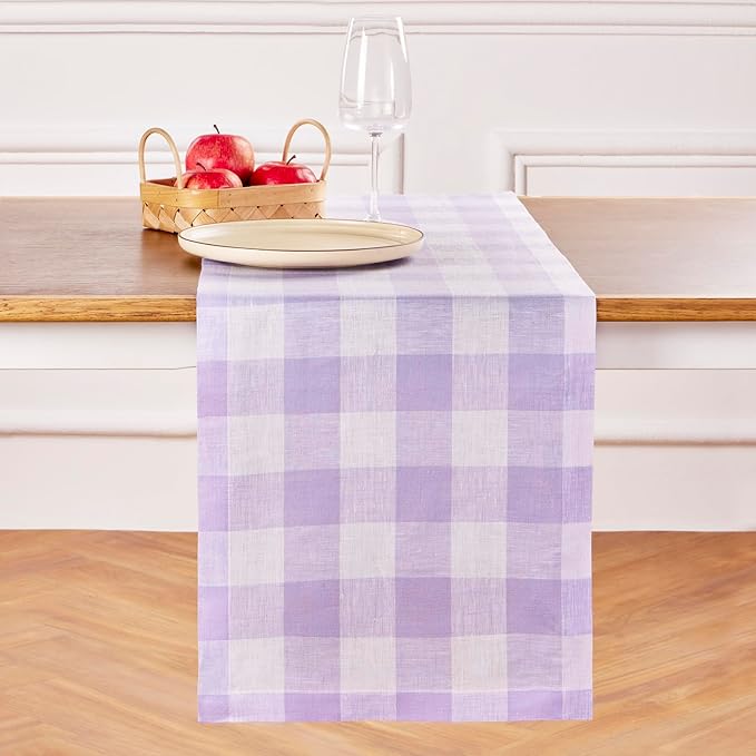 Solino Home Linen Checkered Table Runners 72 Inches Long - 100% Pure Linen Misty Lavender Buffalo Check Table Runner 14 x 72 Inch Ideal for Dresser, Dining, Valentines, Spring, Easter