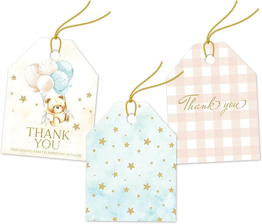 Pro Supply Global 24 Count of 2.5 Inch x 3 Inch Pre Strung Teddy Bears Gift Tag Assorted Printed Designs on Large Cardstock Gift Hang Tags - Ideal to Use on Bags