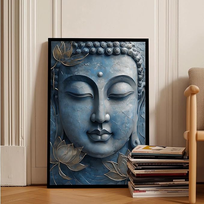 Canvas wall art Golden lotus crown Serene Buddha poster Ethereal blue toned art with delicate floral decor Zen wall art for a tranquil meditation space 16x24in Metal blackFramed