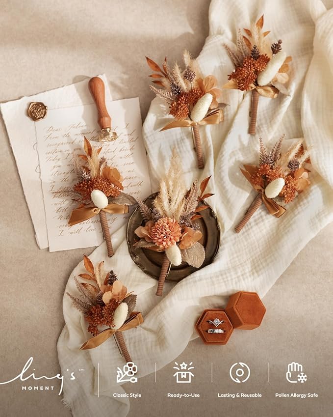 Ling's moment Boutonniere for Men, 6pcs Groom Groomsmen Boutonniere, Artificial Flowers for Wedding Decor/Prom/Homecoming, etc.Rust Boho Terracotta