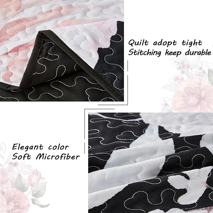 Yogeneg King Size Quilt Set, Pink Floral Botanical Pattern Black Bedding Set,3 Piece Lightweight Soft Summer Bedspread Coverlet with 2 PIillow Sham for All Season(Pink Floral,110"x96")