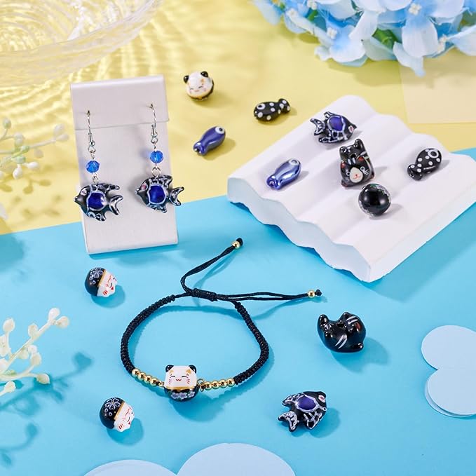 Beadthoven 12pcs Lucky Animal Ceramic Beads 3D Black Blue Handmade Porcelain Craft Beads Cute Fish Cat Shaped Floral Printed Animal Spacers for DIY Crafts Bracelet Earring Necklace Jewelry Making