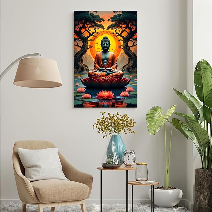 Canvas wall art Golden Buddha on lotus at sunset Ancient trees with reflections on water Serene meditation scene Uplifting wall art for mindfulness and tranquil home decor 16x24in Frameless
