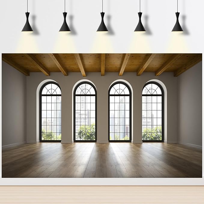 Empty Room Backdrop Concrete Walls Wooden Floor with Big Arched Windows Dance Photography Background Empty Loft Style with Brick Wall Photography Party Decorations Photo Studio Props 15x8ft