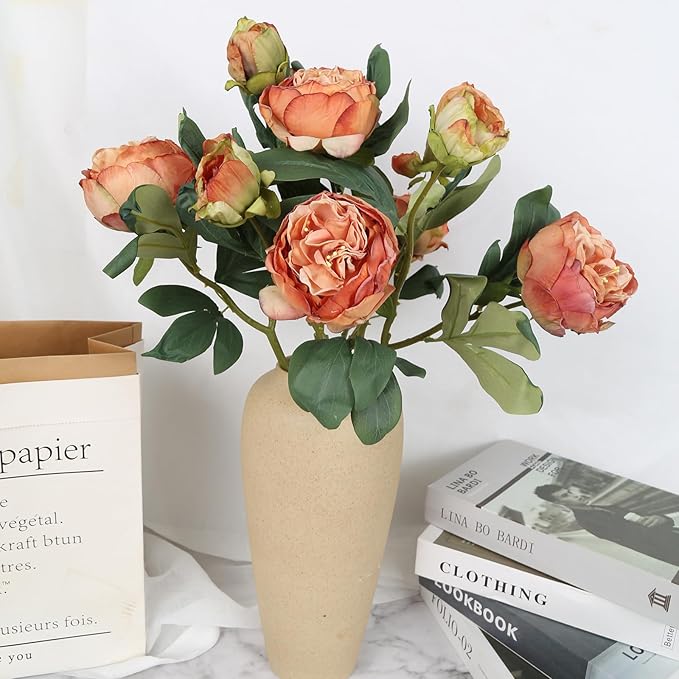 IPOPU Orange Flowers Artificial Peonies 5PCS 10heads Vintage Fake Peonies 20.47" Orange Fake Flowers for Wedding Bouquets Centerpieces Bridal Shower Party Home Flower Arrangement Decorations