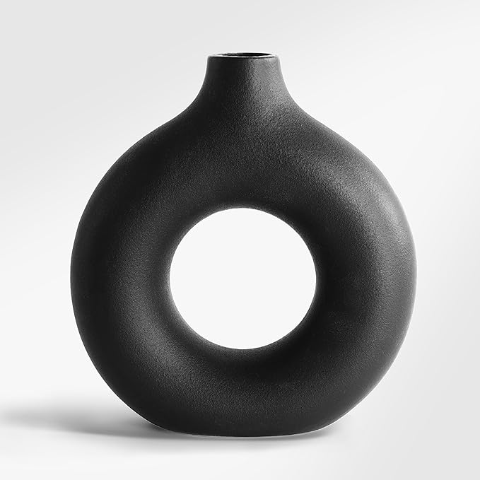 7.6 Inch Black Donut Vase for Pampas Grass, Modern Hollow Ceramic Vase for Table, Mantle, Minimalist Nordic Industrial Style Decorative Vase for Home Decor, Living Room, Farmhouse, Office