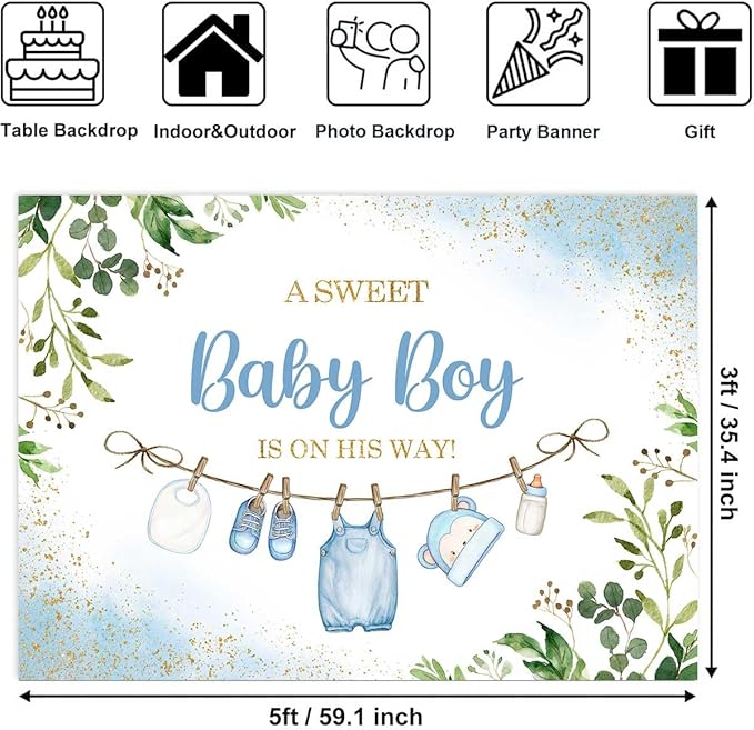 Sensfun Cute Clothes Baby Shower Backdrop for Boys A Sweet Baby Boy is On His Way Banner Greenery Eucalyptus Leaves Welcome Baby Boy Baby Shower Party Decorations Banner Photo Booth Props 5x3ft