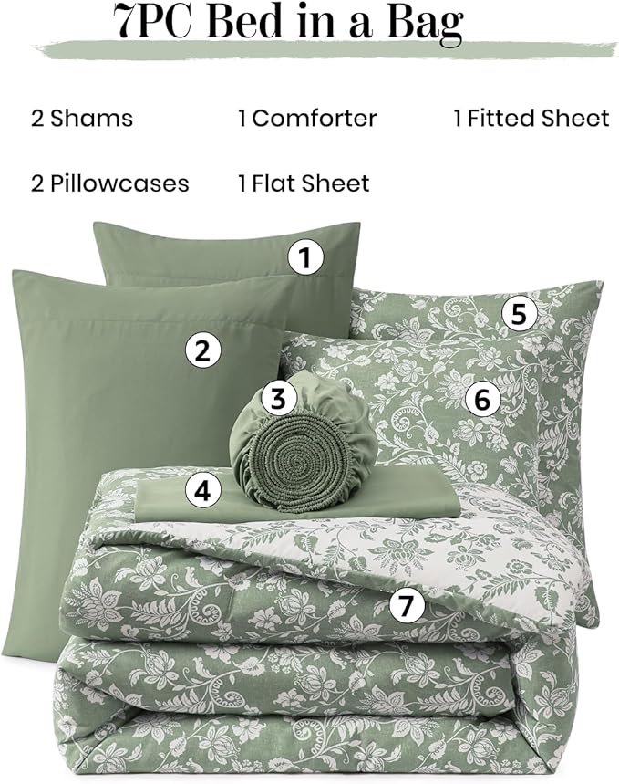 King Comforter Set -7 Pieces Floral Grey Green Comforter Set for All Seasons, Bed in a Bag King with Botanical Flowers Comforter, Sheets, Pillowcases & Shams