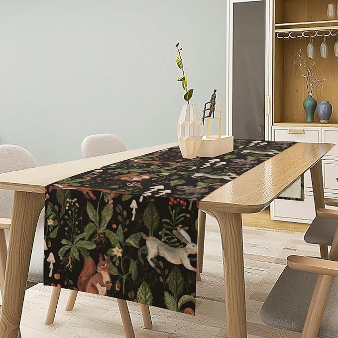 Rustic Woodland Table Runner, Rustic Forest Wild Animals Bunny Rabbit Squirrel Mushroom Plants Table Runner for Holiday Farmhouse Kitchen Dining Table Decor, 13x70inch