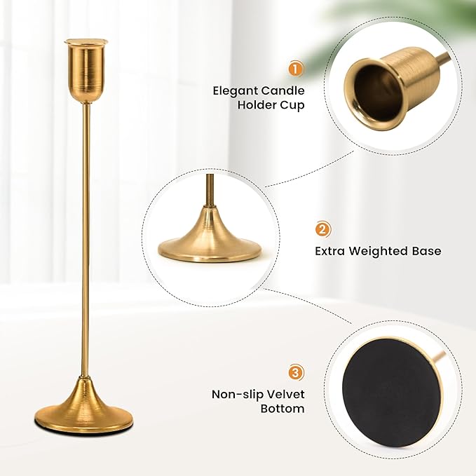 6 Pcs Brass Gold Candle Holders Set, Candelabra Tall Candle Stand, Metal Taper Candlestick Holders for Dining, Table Centerpieces & Vintage Home Decor– Housewarming Gift, Mantel Decor