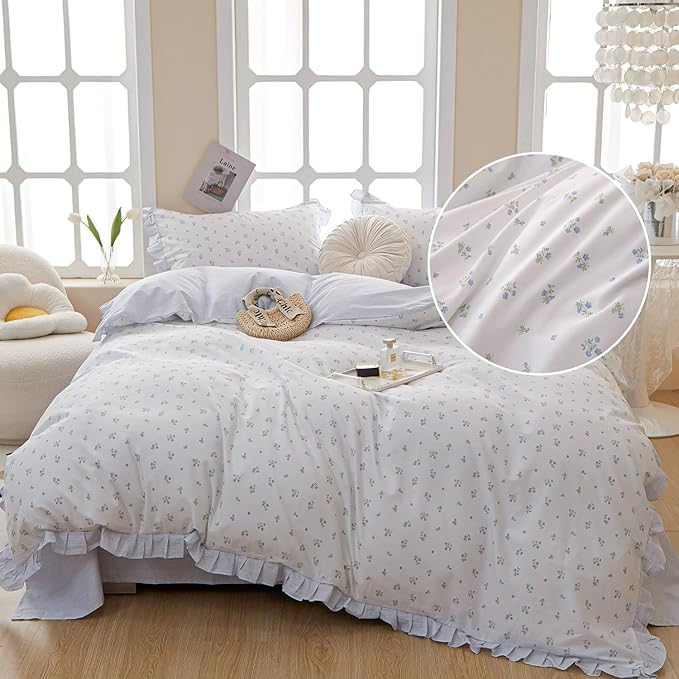 LifeTB Blue Floral Comforter Set Twin XL Botanical Ruffle Bedding Comforter Fluffy Soft Aesthetic Coquette Bedding Set Girls Cottagecore Blue Flowers Comforter Set with 2 Pillowcases for All Seasons