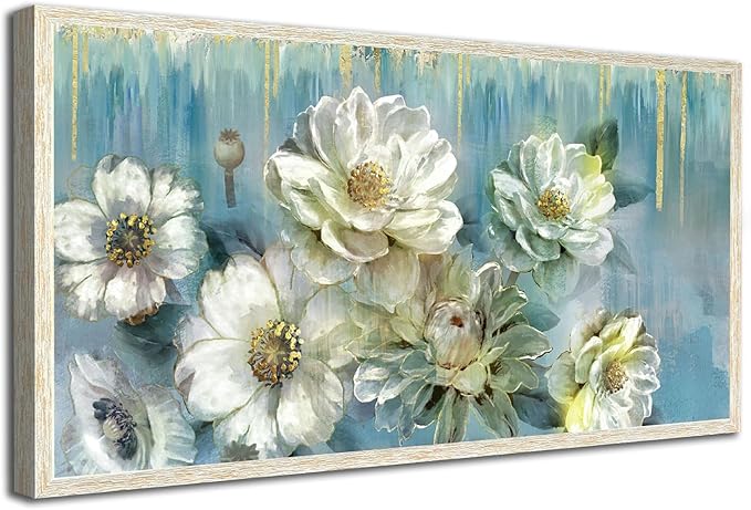 Ardemy Teal Canvas Wall Art Large Framed Magnolia White Floral Pictures Wall Decor Textured Painting Flowers Turquoise Artwork for Living Room Bedroom Dining Room Home Office, 40"x20"