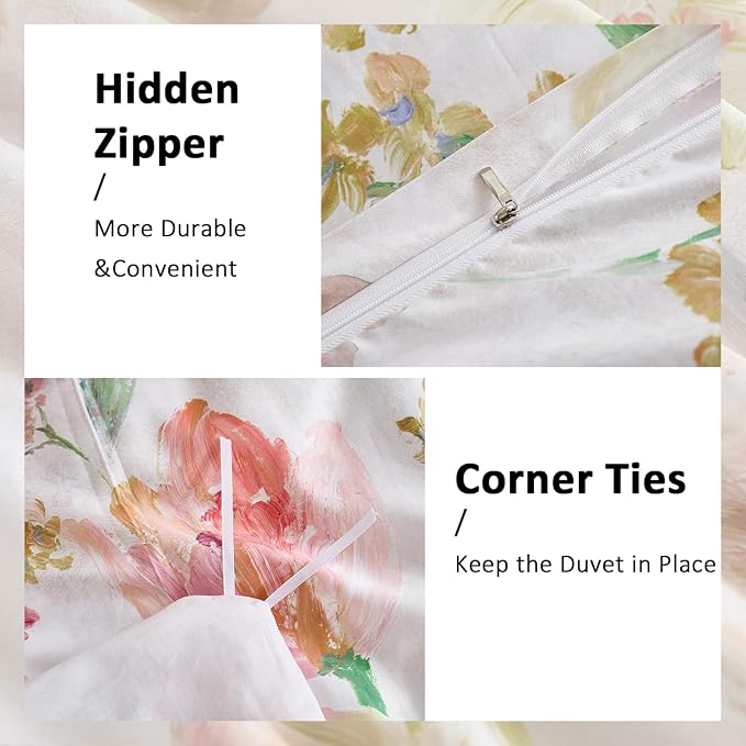 100% Cotton Duvet Cover Set King Size – Pink Watercolor Floral Bedding with Zipper Closure, 3-Piece Silky Soft Botanical Comforter Cover with 2 Pillowcases