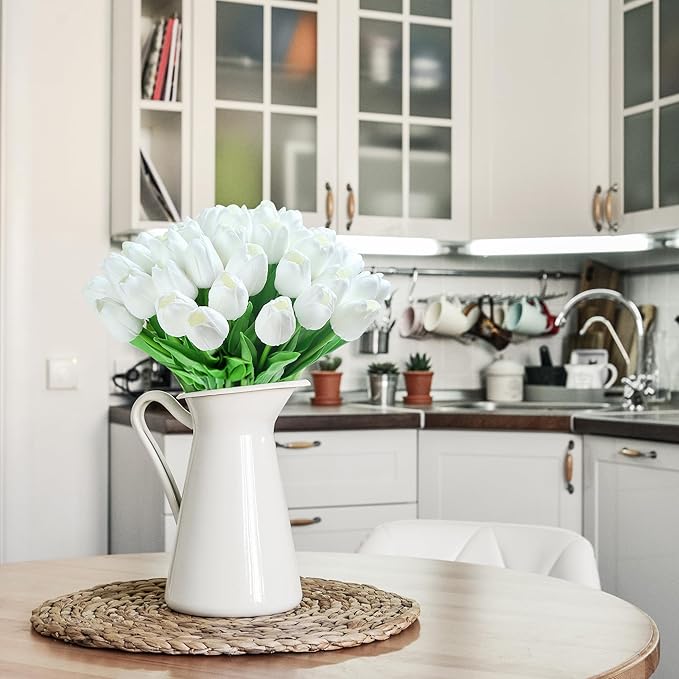 20pcs White Tulips Artificial Flowers Fake Silk Tulips Real Touch Flowers for Spring Kitchen Wedding Home Decor Arrangements Easter Decor 14 Inch