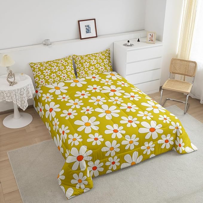 Hippie Flowers Comforter Set Twin Size,70s Retro Floral Quilt Set for Kids Boys Bedroom Collection,Groovy Cartoon White Daisy Polyester Bedding with 1 Pillowcase,2Pcs
