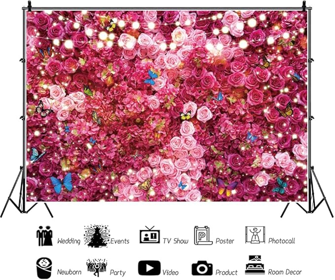 10x6.5ft Pink Red Rose Wall Background Flowers Photography Backdrop Girls Princess Birthday Baby Shower Wedding Cake Table Decoration Banner