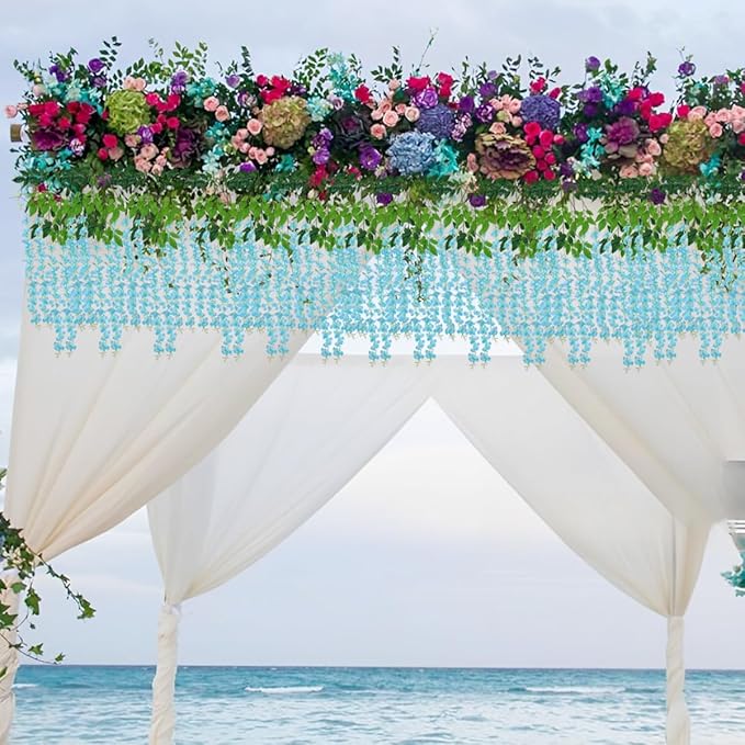 Artificial Flowers Hanging Flowers, Fake Wisteria Flower Garland Silk Vines Rattan String Decor for Home Wedding Arch Wall Garden Greenery Bedroom Outdoor Office Party Decoration (36, Blue)