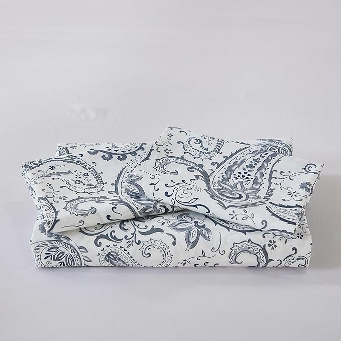 100% Cotton Duvet Cover Sets King Size, 3 Pieces Reversible Soft Bedding Sets,Blue Floral Paisley Comforter Cover, Breathable, Lightweight, All Season