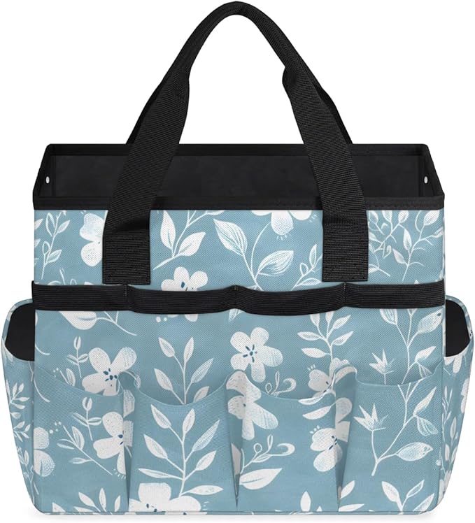 Garden Tool Bag Organizer Garden Tote Bag with Pockets Pattern Small Flowers Tool Storage Organizer Gardening Tool Kit Holder 13" x 6.8" x 2.8"