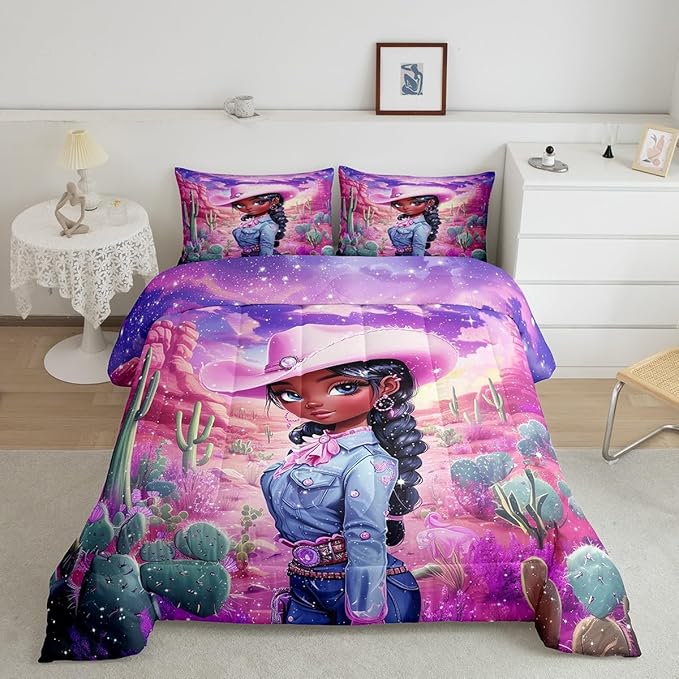 Western Cowgirl Comforter Set Queen Size,Reversible African Style Cute Girl Print Black Bedding Set for Women Adult,Dreamy Stars Purple Galaxy Sparkling Luxury Bed Duvet Insert, 2 Pillowcases