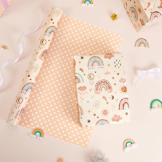 WERNNSAI Rainbow Wrapping Paper Roll - 1 Roll 17” x 33 ft Boho Baby Shower Wrapping Paper Yellow New Baby Girl Gift Packing for Kids Birthday Party Favor Reversible Polka Dot Design