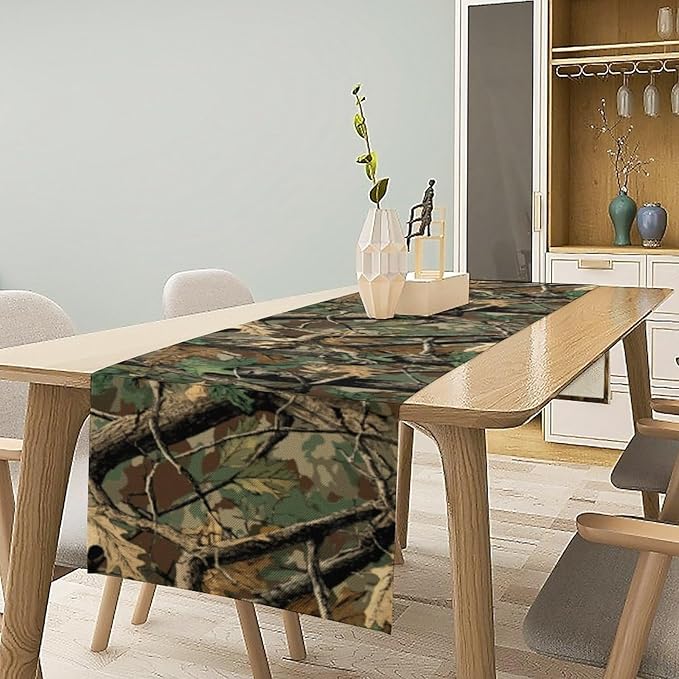 Forest Camouflage Table Runner, Camo Conifer Oak Branches Leaves Military Mossy Lodge Country Camp Cabin Theme Dinner Table Runner for Home Kitchen Dining Table Decoration 13"x70"