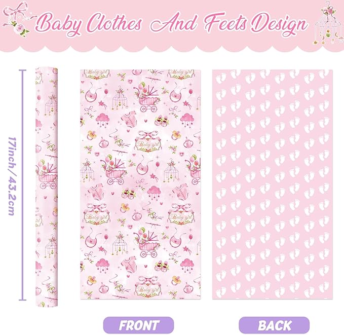 WERNNSAI Baby Girl Wrapping Paper Roll - 1 Roll 17” x16.4 ft Baby Shower Wrapping Paper for Birthday Party Pink Girl Gift Packing Supply Baby Shower Design Reversible Footprint Print