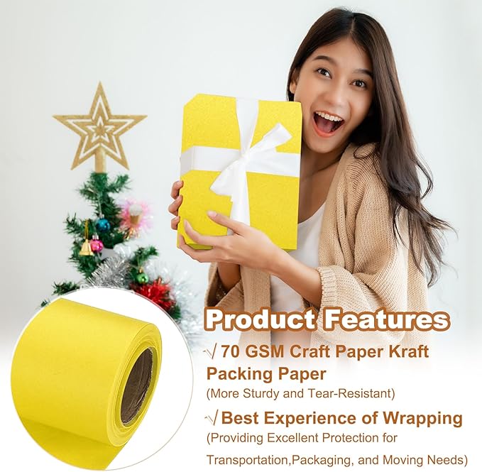PATIKIL Wrapping Paper, 17" x 300"(25') 70 GSM Craft Paper Roll Kraft Packing Paper for Poster Bulletin Board, Gift Wrapping, Yellow