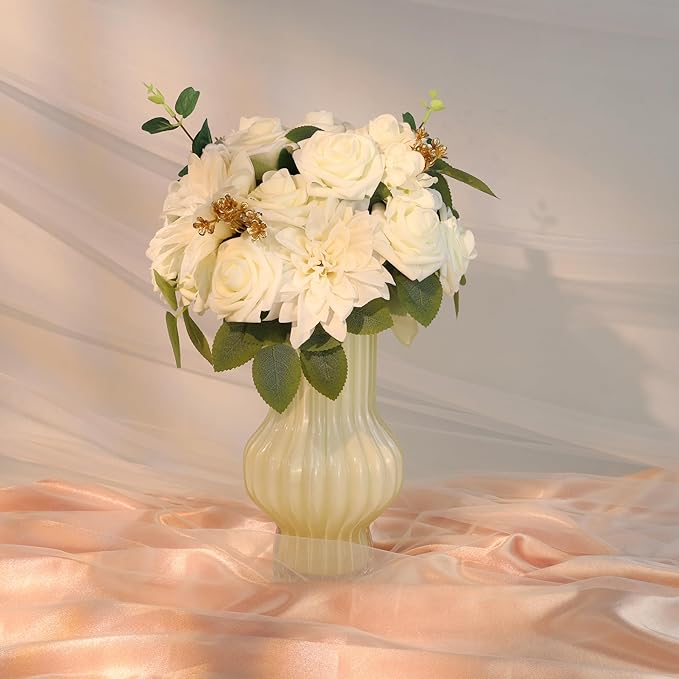 SITUMEIZI Roses Artificial Flowers Combo White Flowers Silk Foam Flowers with Stems for DIY Bridal Wedding Bouquet Baby Shower Party Home Decor Floral Arrangements 26pcs