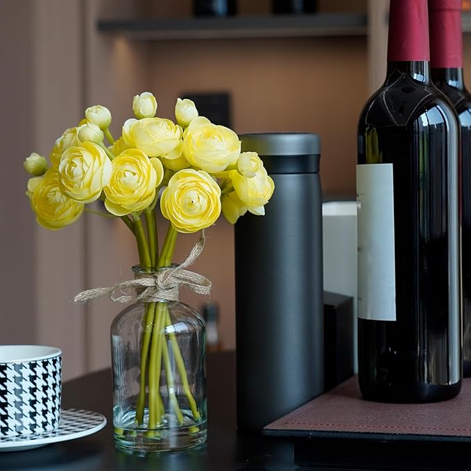 Ranunculus Artificial Flowers with Vase, 8 Pcs Faux Silk Ranunculus Flower in Vase, Small Flower Arrangements for Home Decor Indoor, Table Centerpiece. (Bright Yellow)