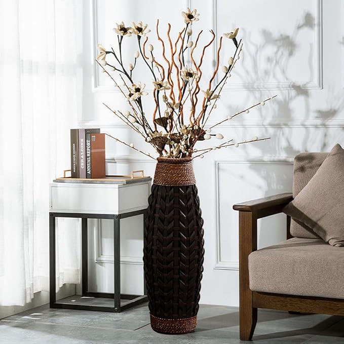 28.9''H Rustic Tall Woven Bamboo & Rattan Floor Vase – Decorative Standing Accent Vase for Dried or Silk Flowers, Farmhouse & Boho Home Decor for Living Room or Entryway (Black & Brown, Large)