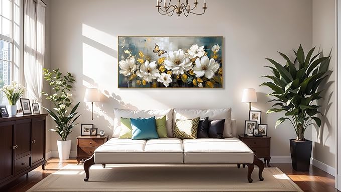 Wall Art Modern Flower Artwork Paintings White Blossom Gold Leaf Butterfly Landscape Picture wall Decor for Living Room Bedroom Kitchen 24"x48" with Framed