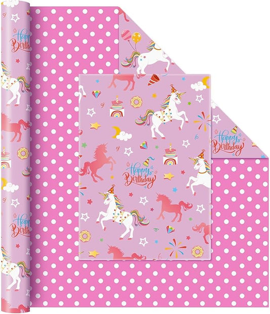 WERNNSAI 17”x 66 ft Unicorn Gift Wrapping Paper Jumbo Roll - 1 Roll Happy Birthday Gift Packing Paper Reversible Purple Unicorn Wrapping Paper for Girls Kids Birthday Party Gift Wrap with Polka Dot De
