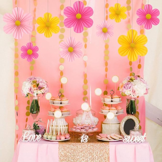 Pink Party Decorations Paper Flowers Decorations for Wall Classroom Paper Fans Floral Backdrop Flower Wall Decor Pack of 9 Pink Yellow