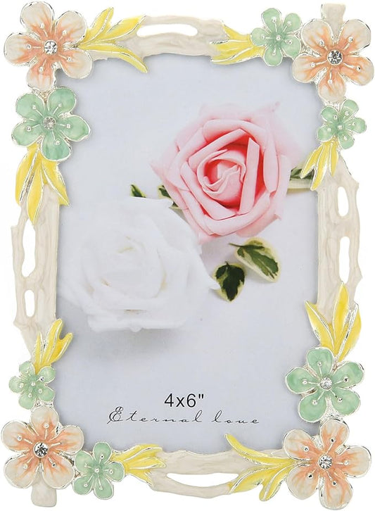 4x6 Picture Frame Enamel Floral Design Metal Photo Frame with HD Glass, Tabletop or Wall Home Art Decoration, Creative Gifts Ideas for Flower Lovers, Horizontall & Verticall