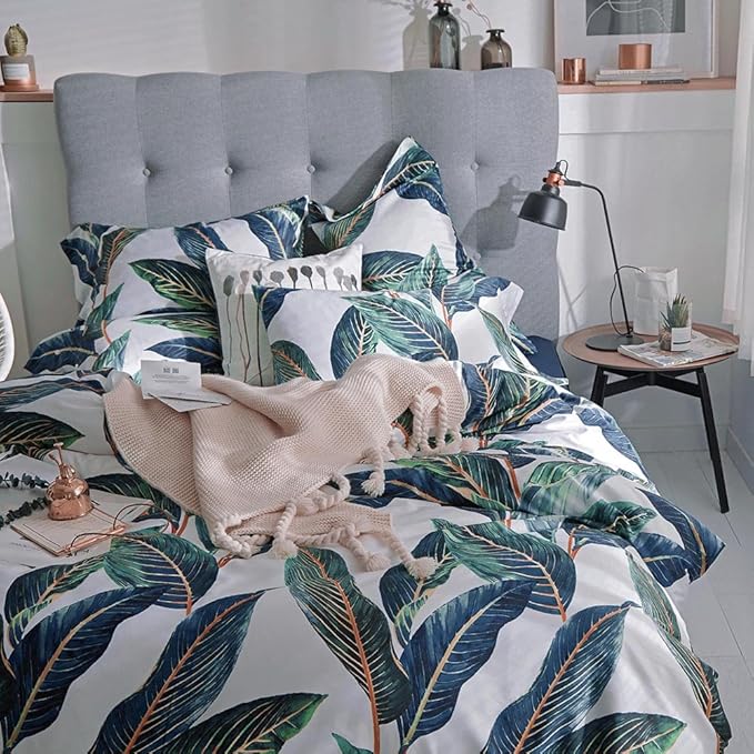 VM VOUGEMARKET Leaves Duvet Cover Set Queen,3 Piece Soft Premium Cotton Green Tropical Palm Tree Comforter Cover with Zipper Closure,Botanical Bedding Set Queen