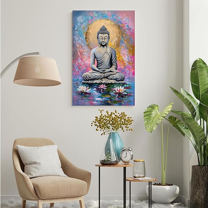Lotus and golden Buddha meditation tranquil zen wall art mindfulness wall art for spiritual harmony and tranquility decor 28x40in Frameless