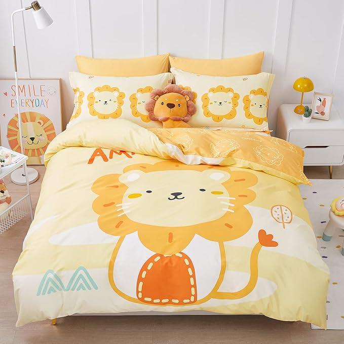 SAPHREAS Cartoon Lion Printed Kids Duvet Cover Set 4pcs with Fitted Sheet Queen Size Yellow Animal Pattern Cotton Children Comforter Cover Set, Comforter Not Included