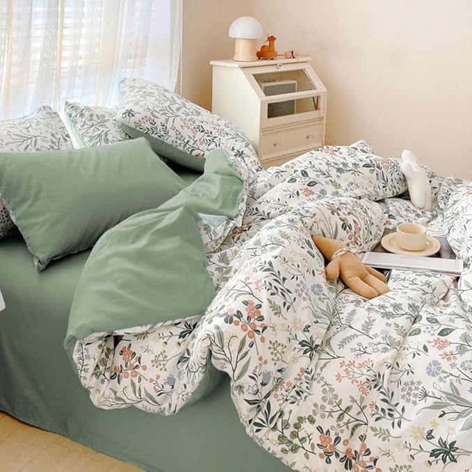 EAVD Vintage Style Garden Botanical Duvet Cover King Soft Cotton Chic Shabby Colorful Leaves Floral Bedding Set with 2 Pillowcases Fresh Floral Duvet Cover with Zipper Closure