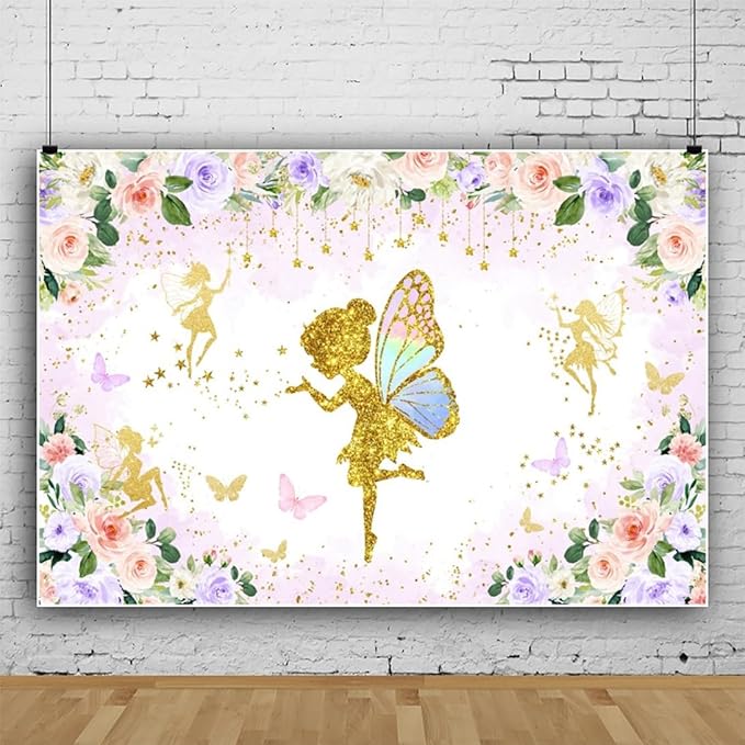 Renaiss 12x10ft Floral Fairy Backdrop Pink Gold Flower Butterflies Golden Glitter Princess Fairy Birthday Party Photography Background for Girl Baby Shower Decor Photo Studio Props