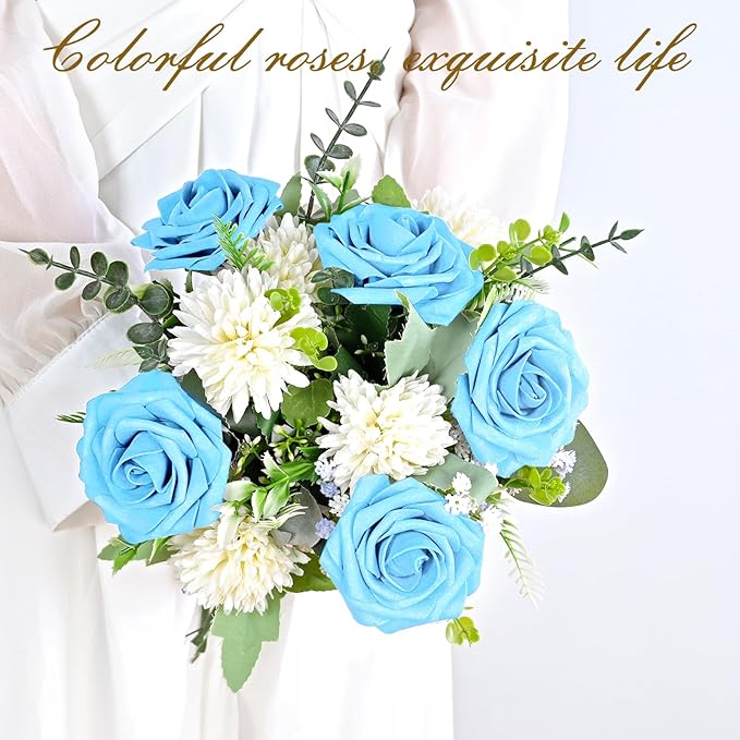 BLEUM CADE 16Pcs Artificial Flowers Fake Roses with Stems, Sky Blue Boxed Foam Roses for DIY Bouquets Centerpieces Wedding Party Arrangement Bridal Shower Decor