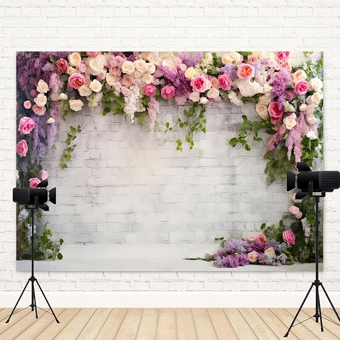 8x6ft Retro White Brick Wall Floral Backdrop Vine Leaves Rose Flowers Photography Background Bridal Shower Wedding Party Birthday Banner Decorations Adults Portrait Photo Booth Prop