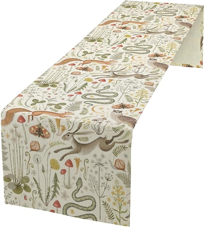 Country Forest Table Runner, Wild Animal Hare Squirrel Owl Snake Snail Flowers Mushroom Print Table Runner for Spring Holiday Farmhouse Kitchen Indoor Outdoor Decoration, 13x108inch