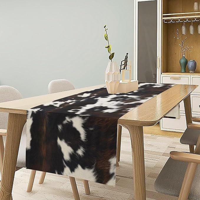 Cow Print Table Runner, Black White Cowhide Print Western Style Table Runner Country Farmhouse Cottage Cow Patten Table Decoration for Home Kitchen Dining, 13x120 Inch