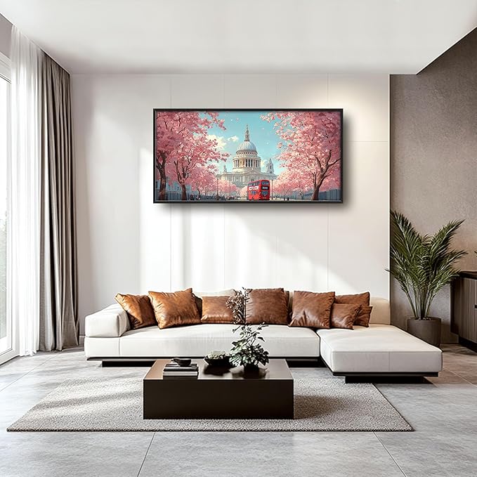 England London Paul’s Cathedral Large Wall Art Cityscape Cherry Blossom Pictures Wall Decor Street Scene Canvas Spring Print Painting Modern Artwork Home Decoration for Living Room Bathroom Bedroom Office Framed 60"x30"
